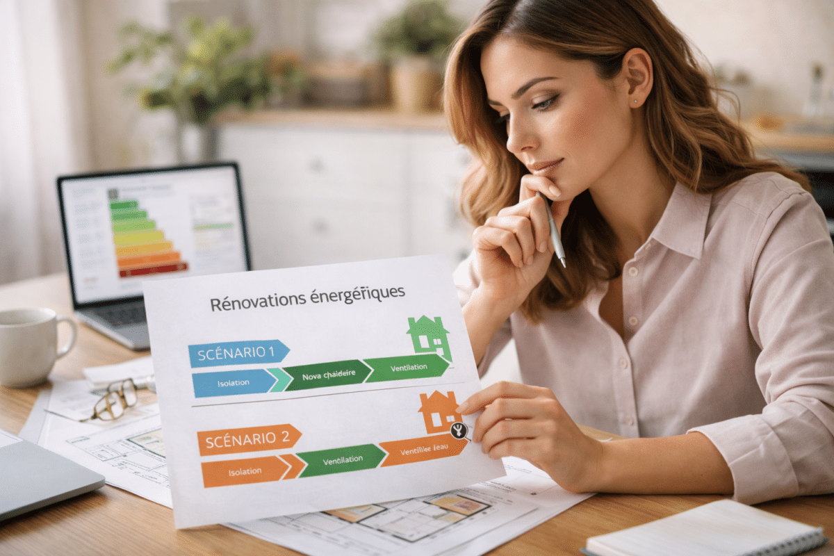 Femme réfléchissant à un projet de rénovation énergétique