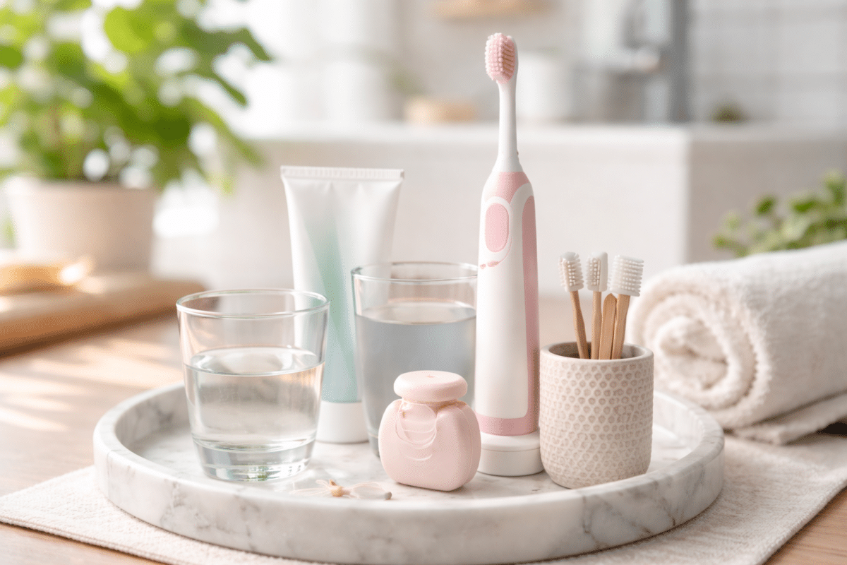 Soins dentaires élégants sur plateau en marbre