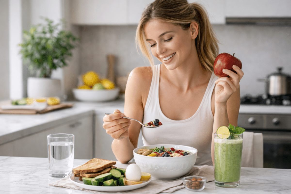 Femme qui mange un petit déjeuner sain