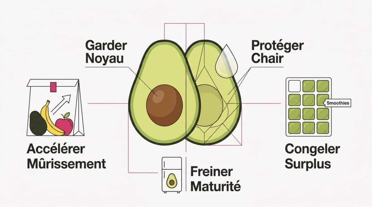 Avocats frais coupés en deux avec leur noyau sur une table de cuisine
