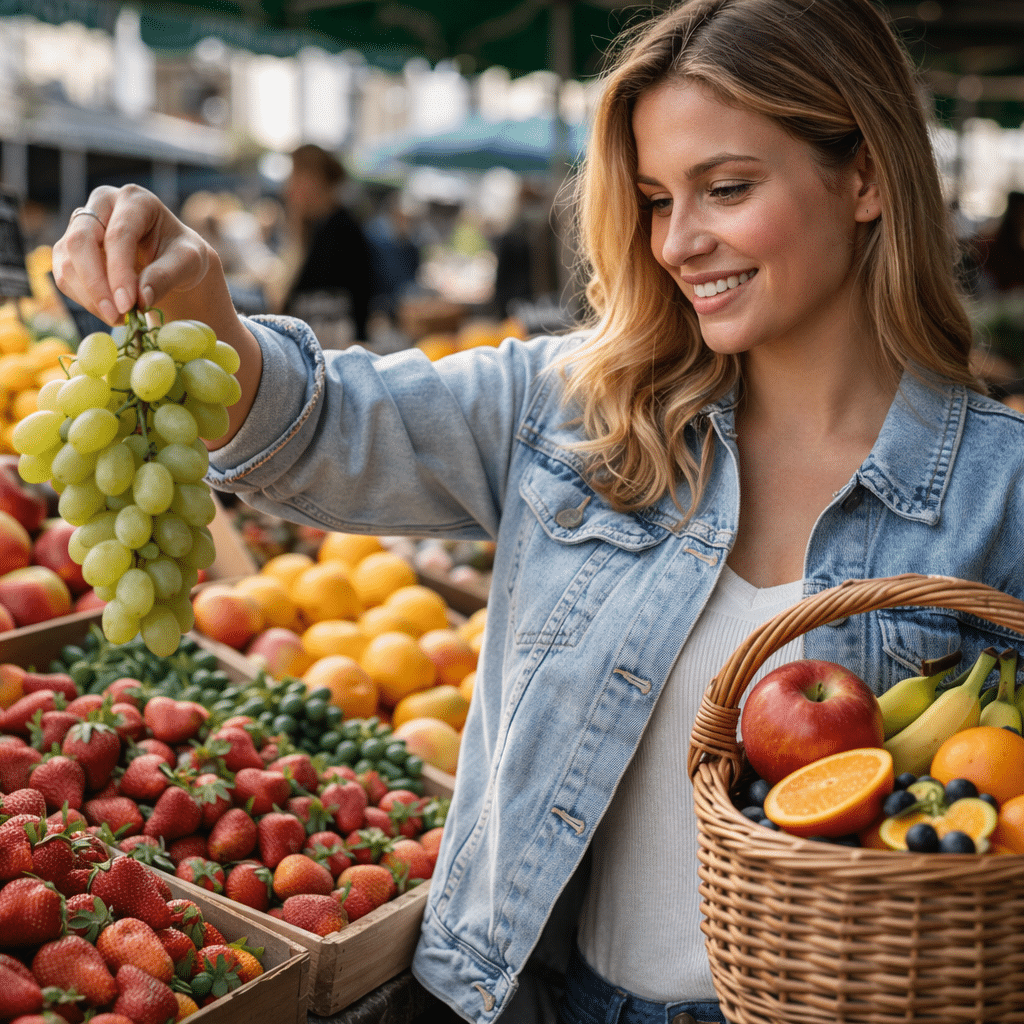 femme qui achète des fruits au marché
