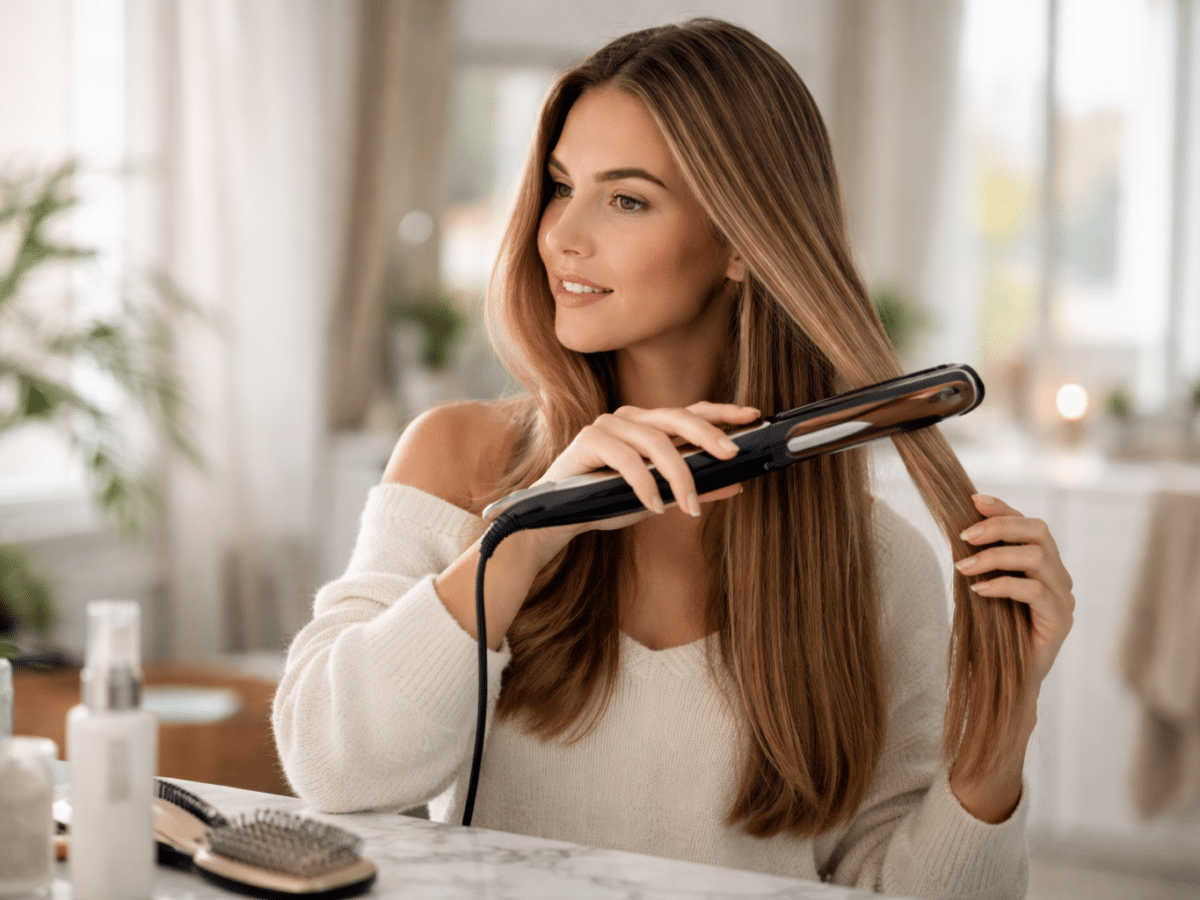 Femme avec un fer à lisser