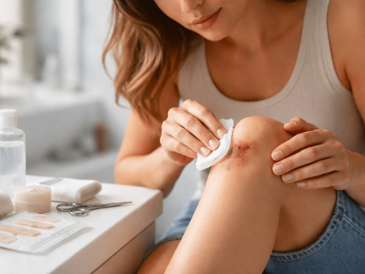 Une femme avec une écorchure au genoux