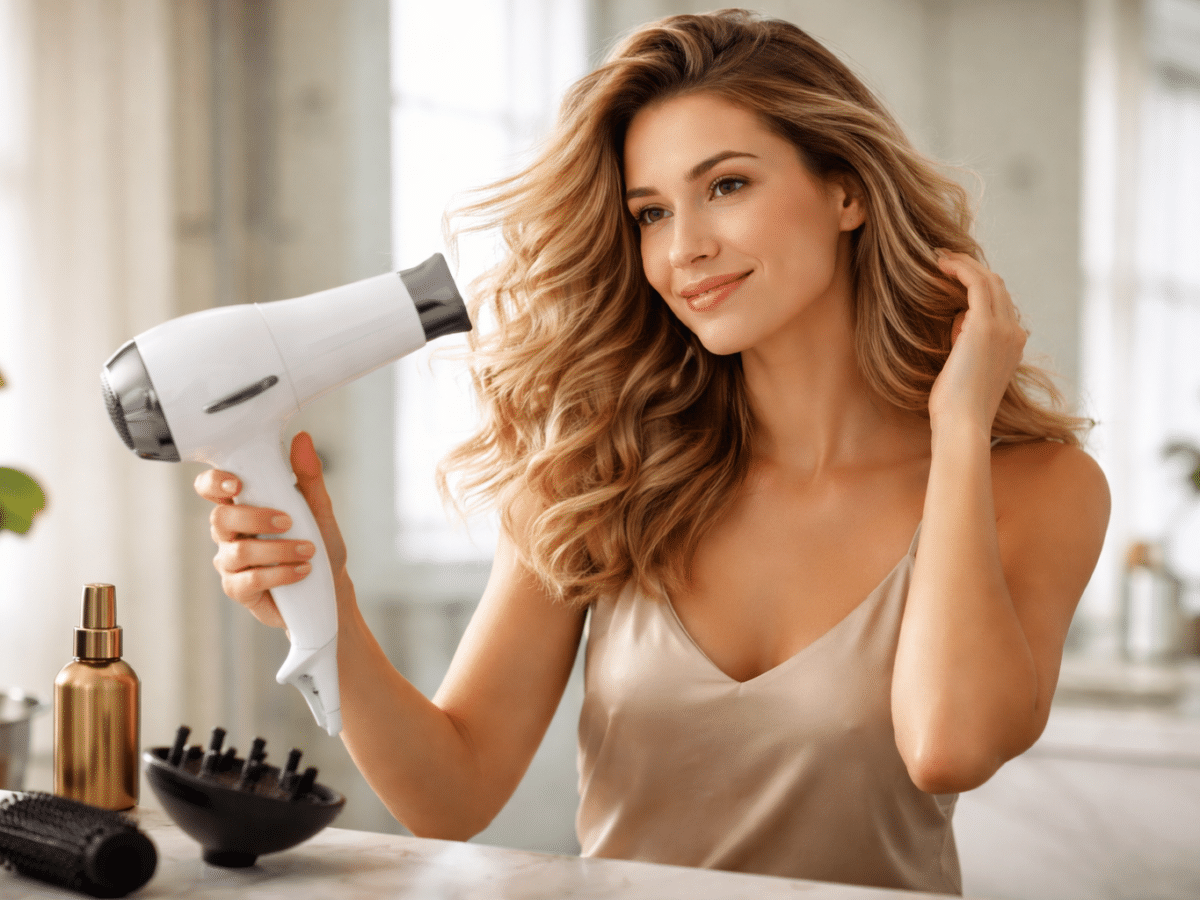 Femme se coiffant au sèche-cheveux dans une salle de bain lumineuse