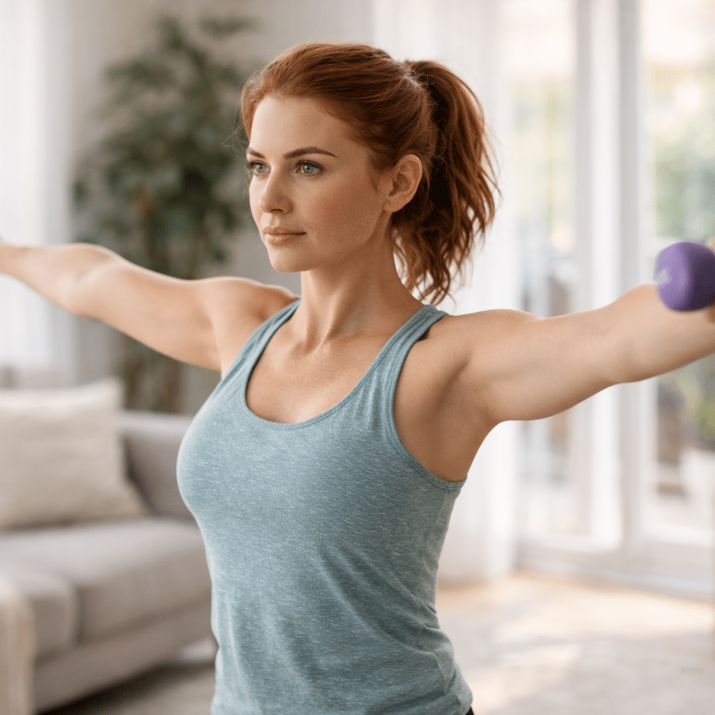 Exercice physique avec haltères violets