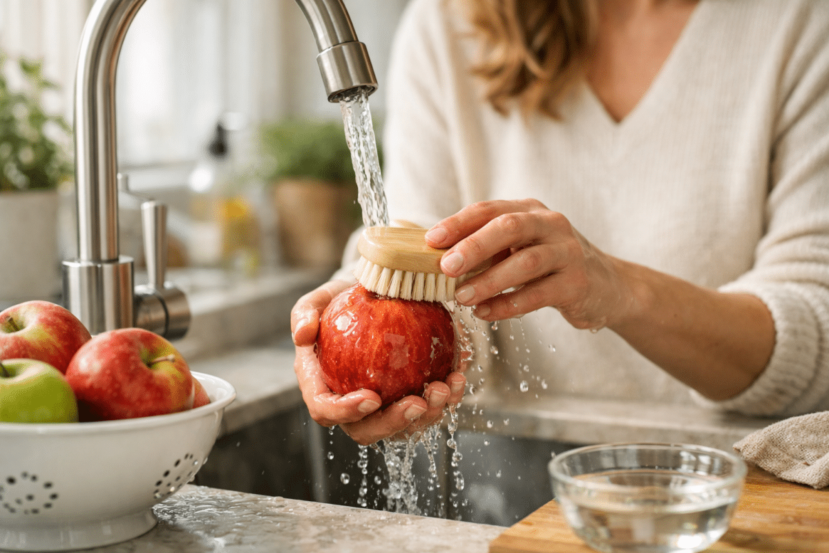 Femme qui nettoie une pomme avec de l'eau et une brosse
