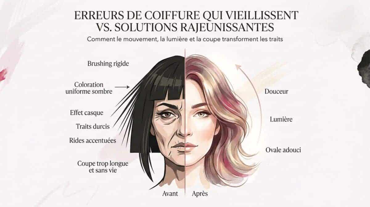 Comparaison entre une coiffure qui vieillit le visage et une coupe rajeunissante avec du mouvement