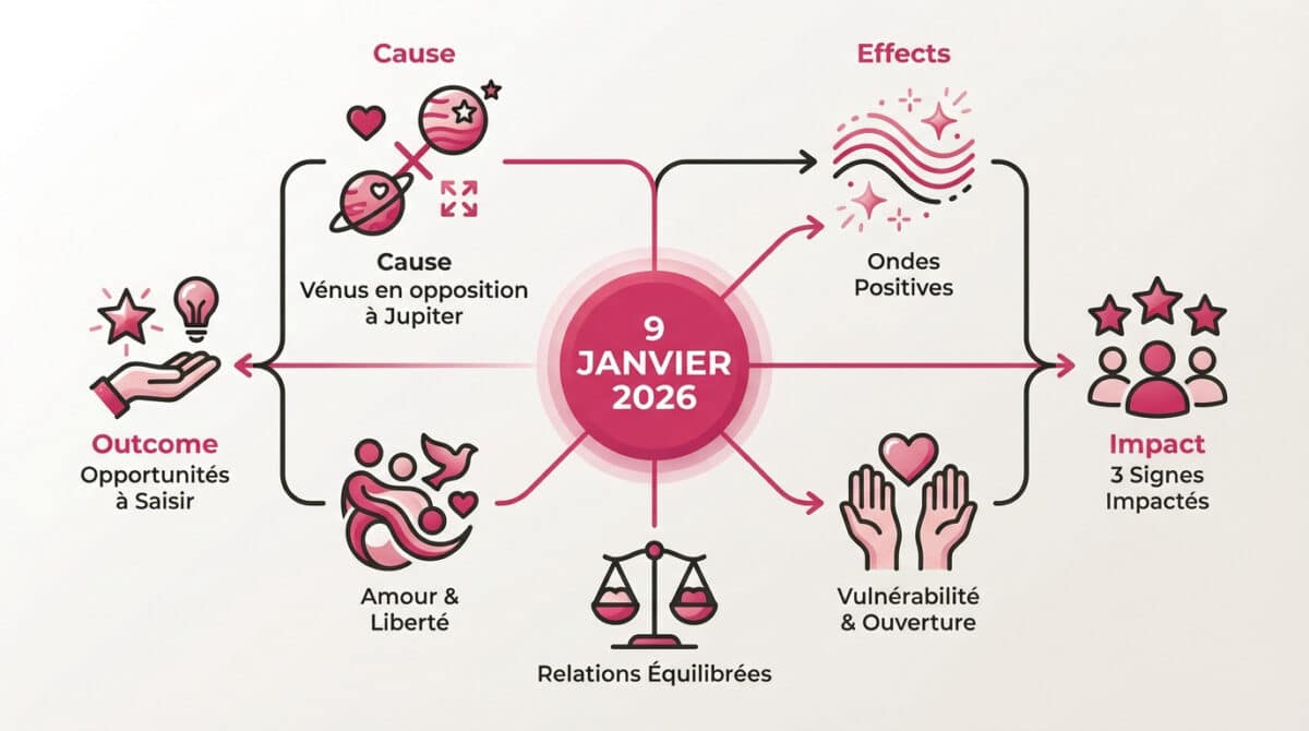 Influence astrale amoureuse du 9 janvier 2026 montrant l'opposition Vénus Jupiter