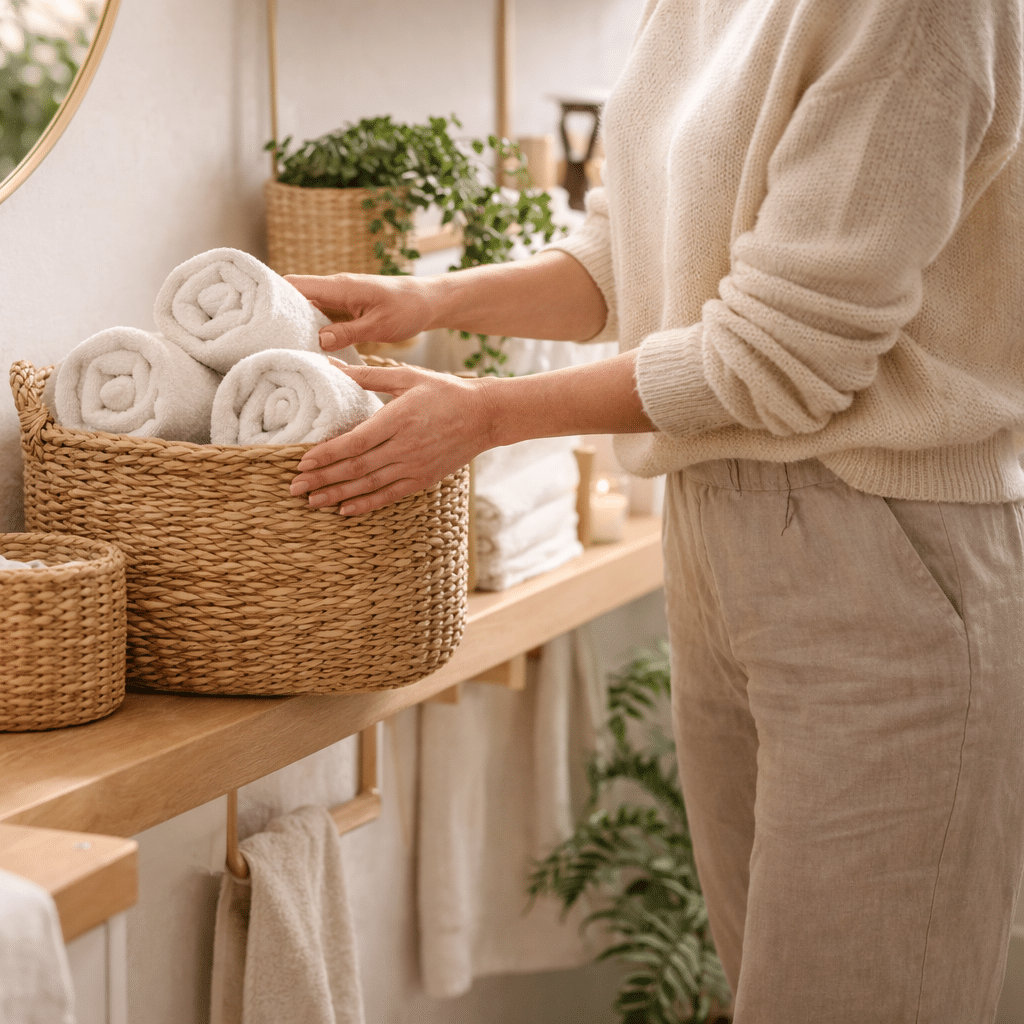 Femme arrange des serviettes dans une salle de bain