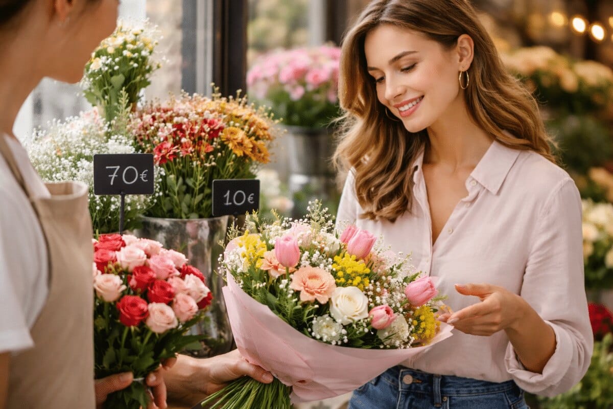 Sélection de bouquets en boutique fleurie