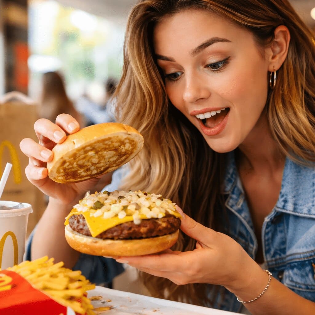 Surprise devant un burger McDonald's