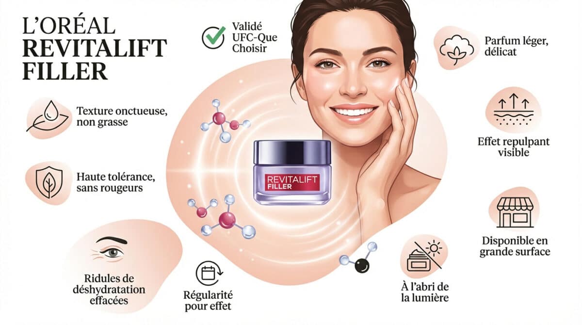 Infographie des bénéfices de la crème L'Oréal Revitalift Filler