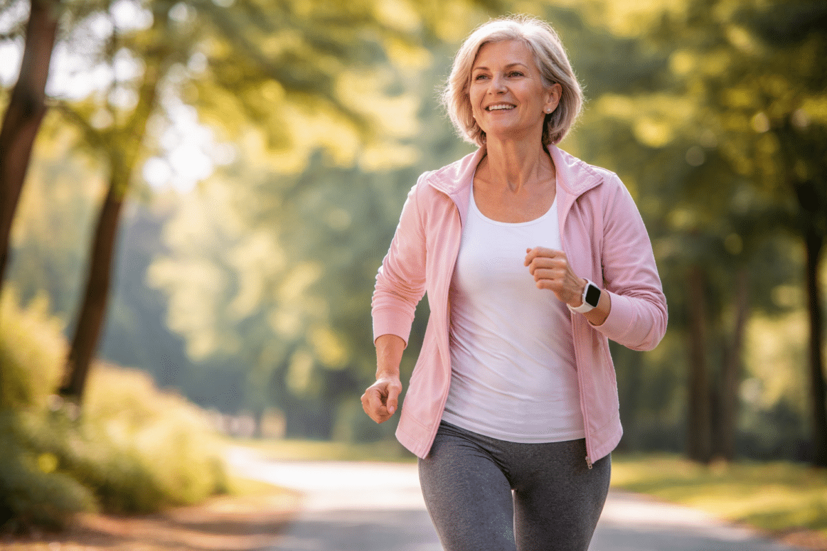 Femme qui marche dans un parc pour perdre du poids après 60 ans