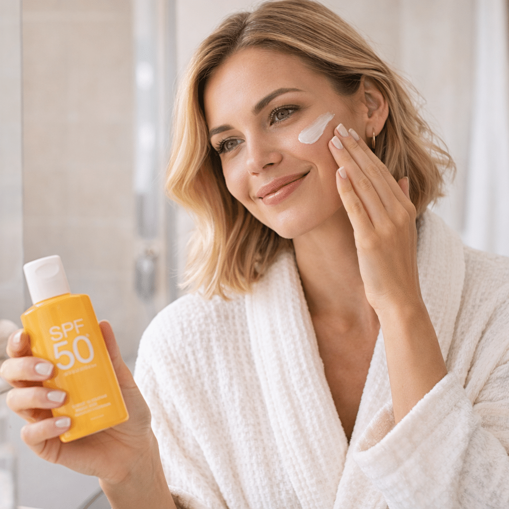 Femme qui ajoute une crème solaire à sa routine beauté
