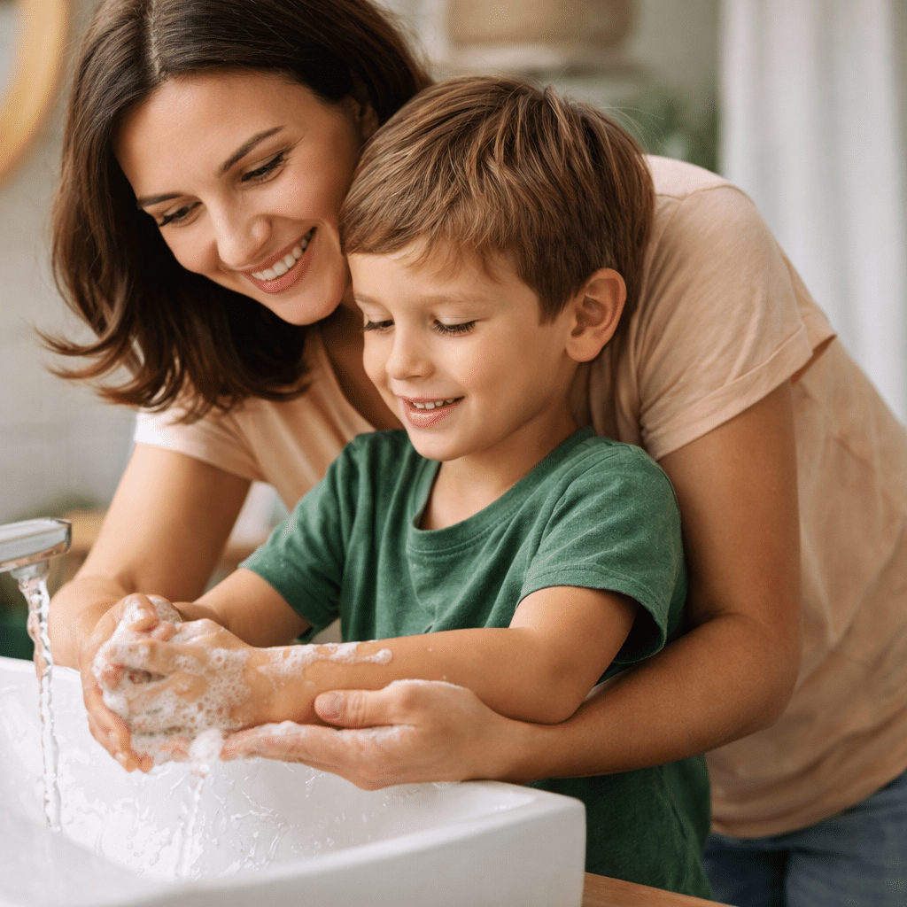Maman et son fils apprenant l'hygiène
