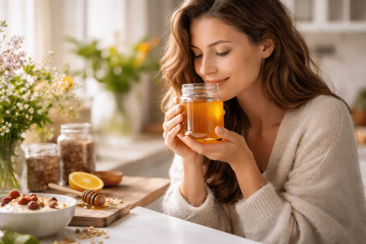 Dégustation de miel dans une cuisine lumineuse