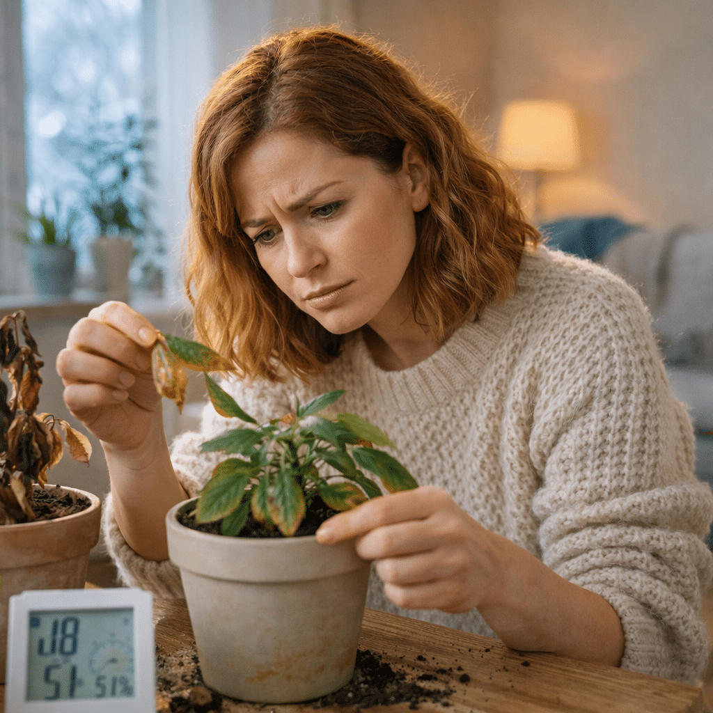 Une femme et ses plantes fanées