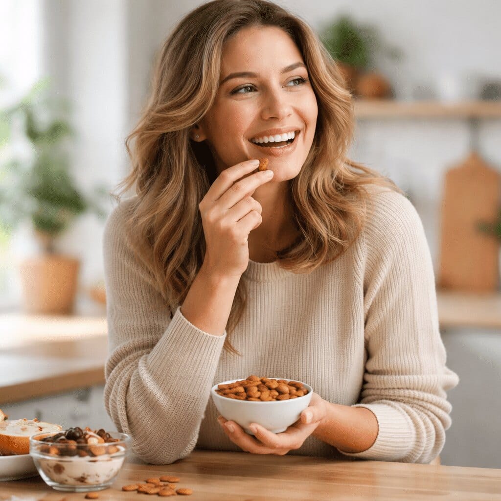 Femme qui mange des amandes