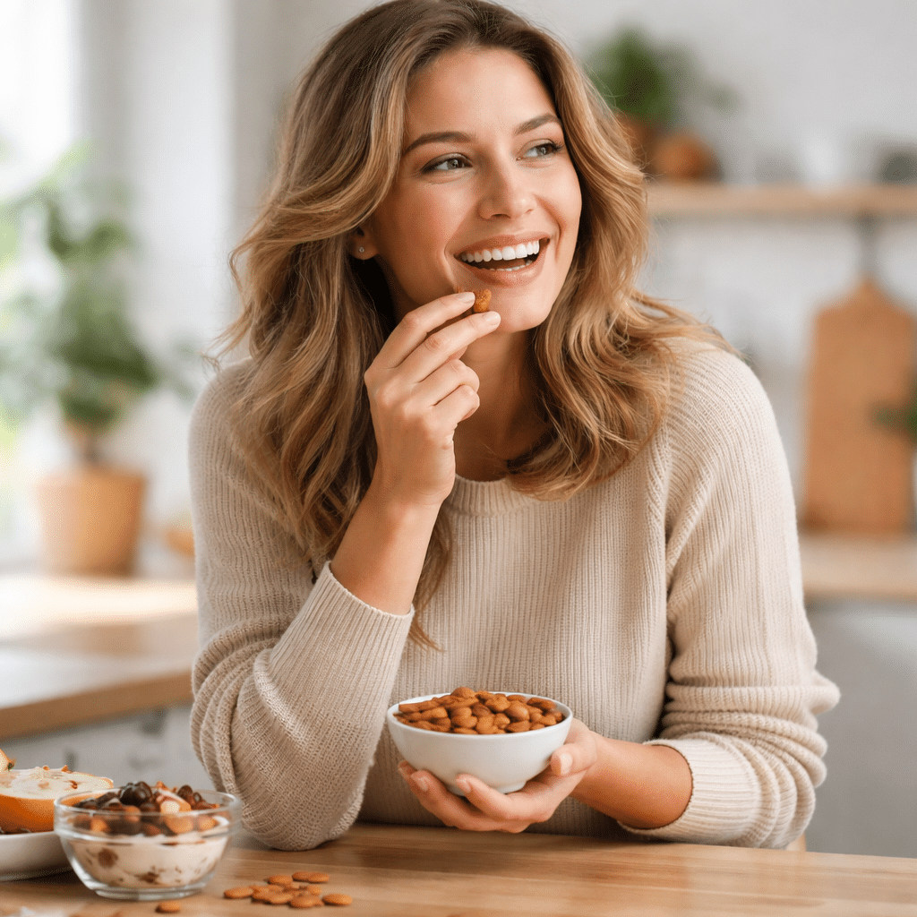 Femme qui mange des amandes