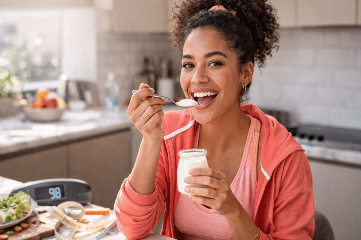 Détente après l'entraînement avec un yaourt