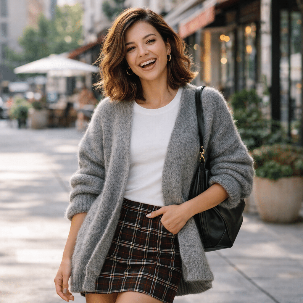 Femme qui porte un gilet oversize gris