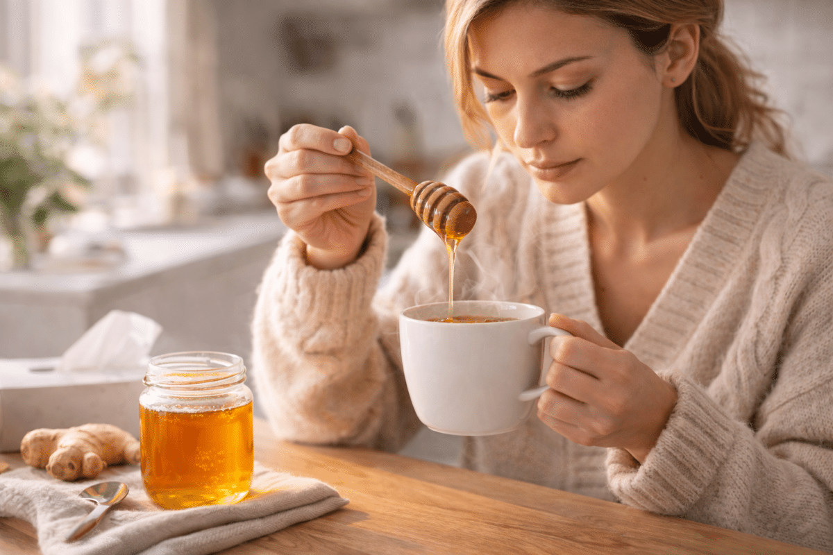 Femme qui verse du miel dans du thé