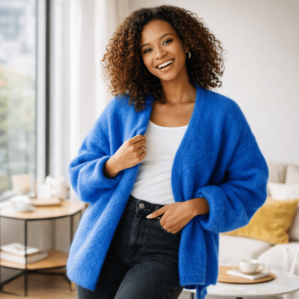 Femme qui porte un gilet oversize de couleur