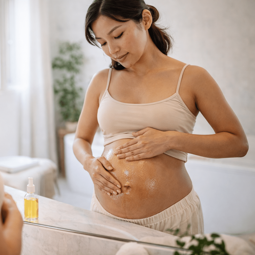 Femme enceinte qui applique de l'huile anti-vergetures