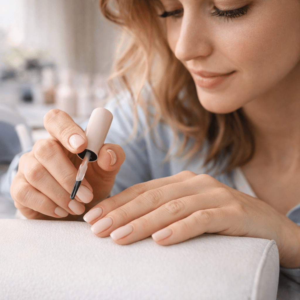 Application de vernis nude sur mains