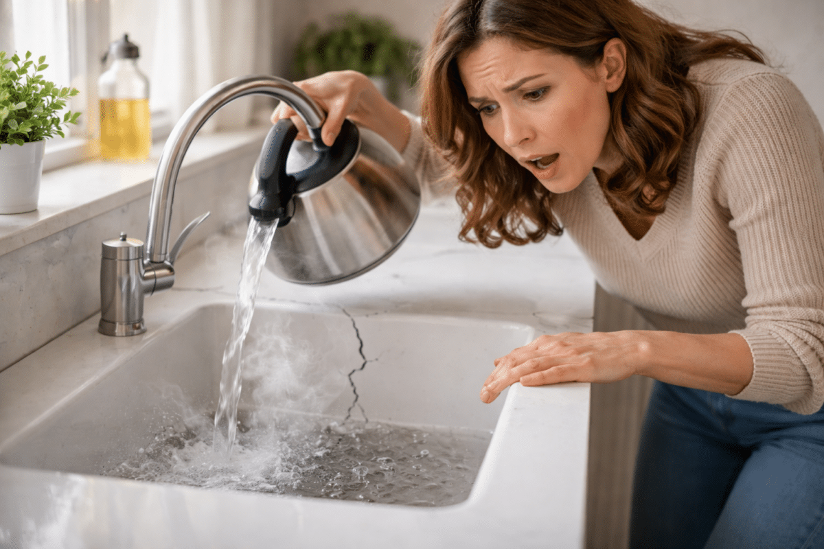 Réaction surprise face à un évier fissuré