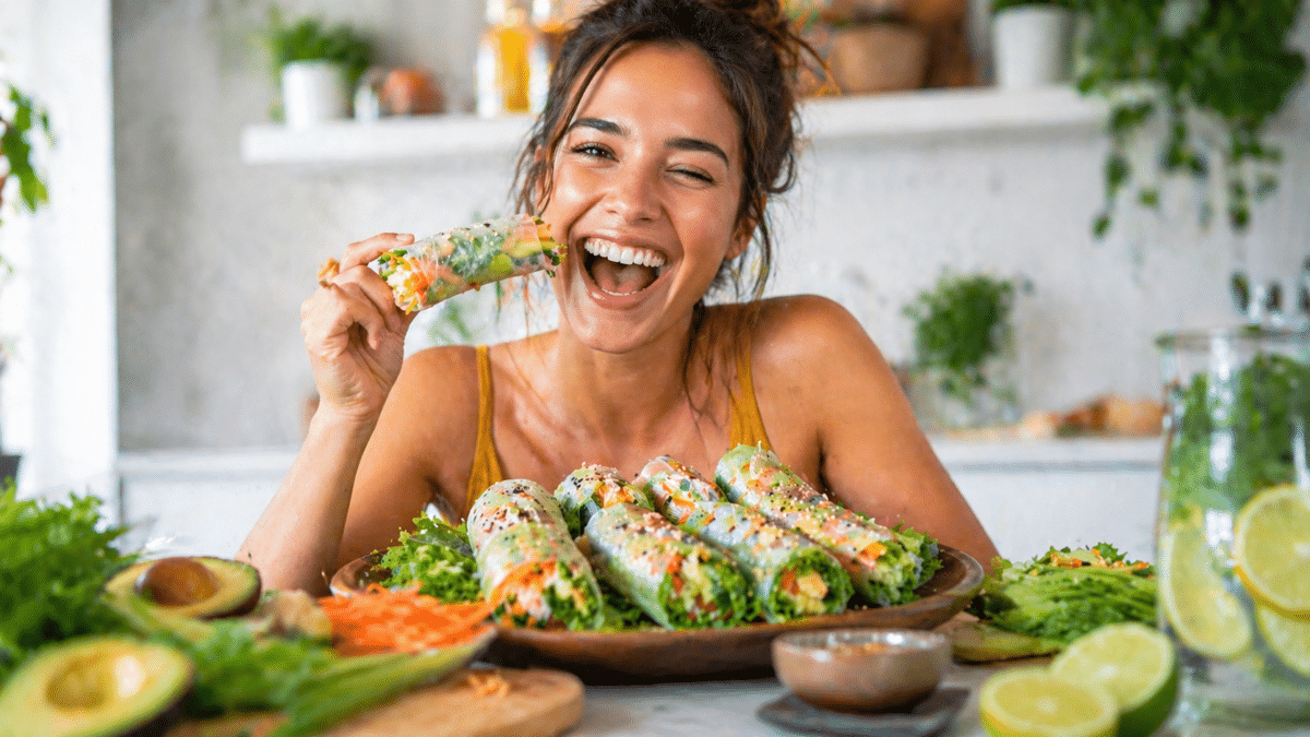 Femme souriante avec rouleaux de printemps