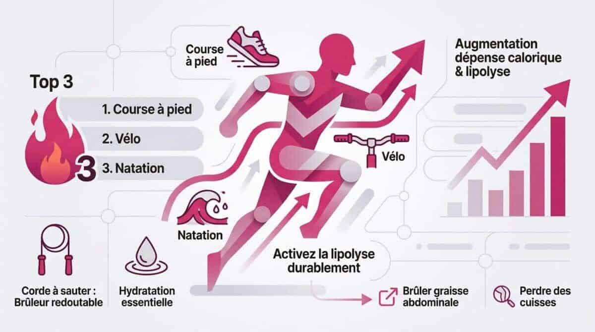 Infographie présentant les meilleurs sports d'endurance pour la perte de graisse abdominale