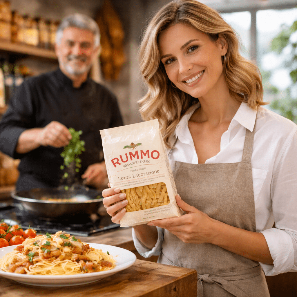Femme souriante avec des pâtes Rummo.