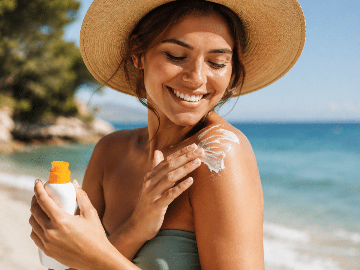 Femme appliquant de la crème solaire