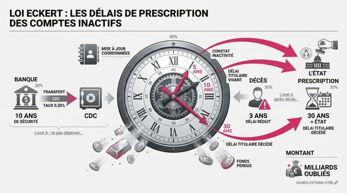 Infographie des délais légaux de la loi Eckert pour les comptes inactifs