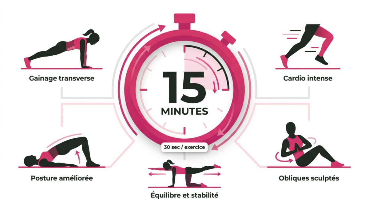 Femme pratiquant un circuit de gainage abdominal à la maison