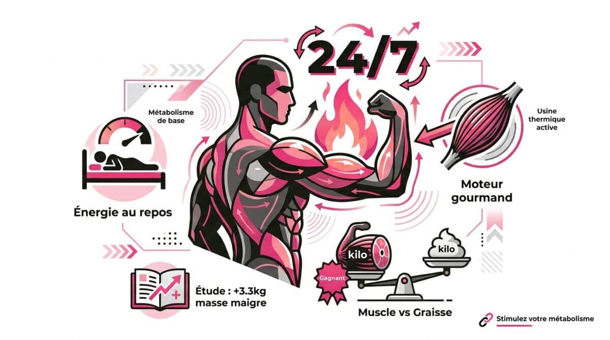 Infographie montrant le fonctionnement du métabolisme de base et l'impact des muscles