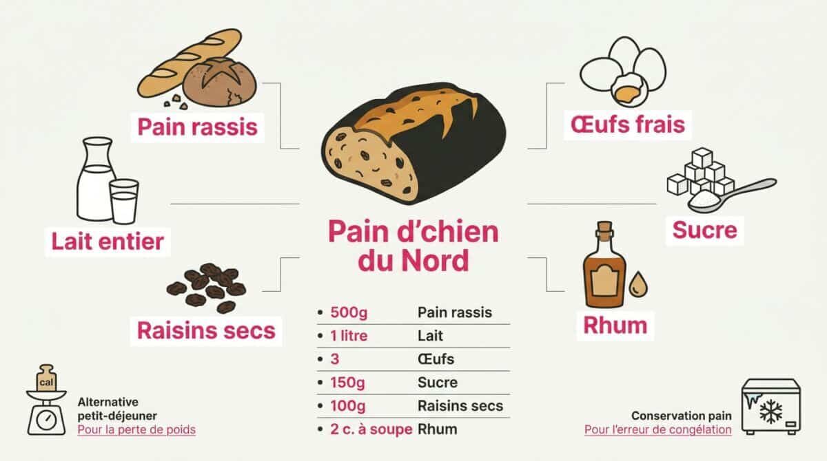 Préparation traditionnelle du pain d'chien du Nord avec raisins secs et pain rassis