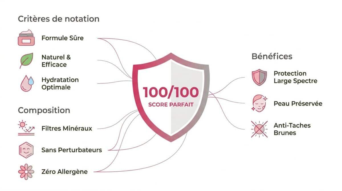 Infographie expliquant le score Yuka 100/100 pour une crème solaire saine