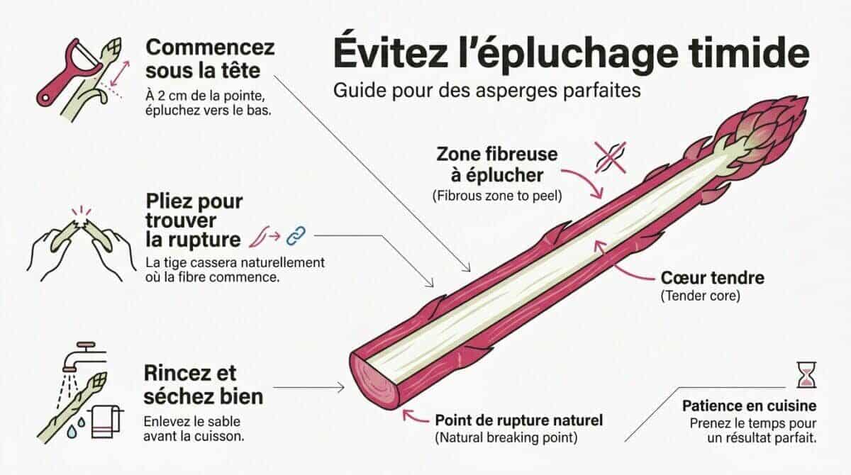 Geste précis pour éplucher une asperge blanche de la tête vers la base