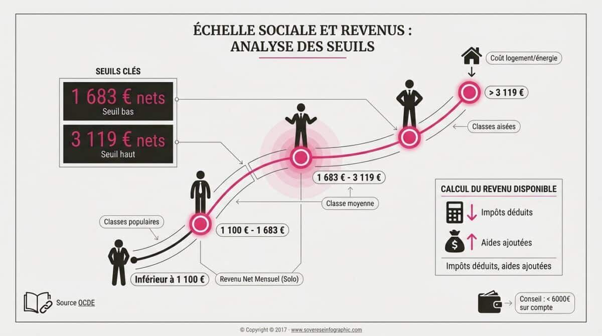 Graphique de l'échelle sociale française selon les revenus nets mensuels en 2026