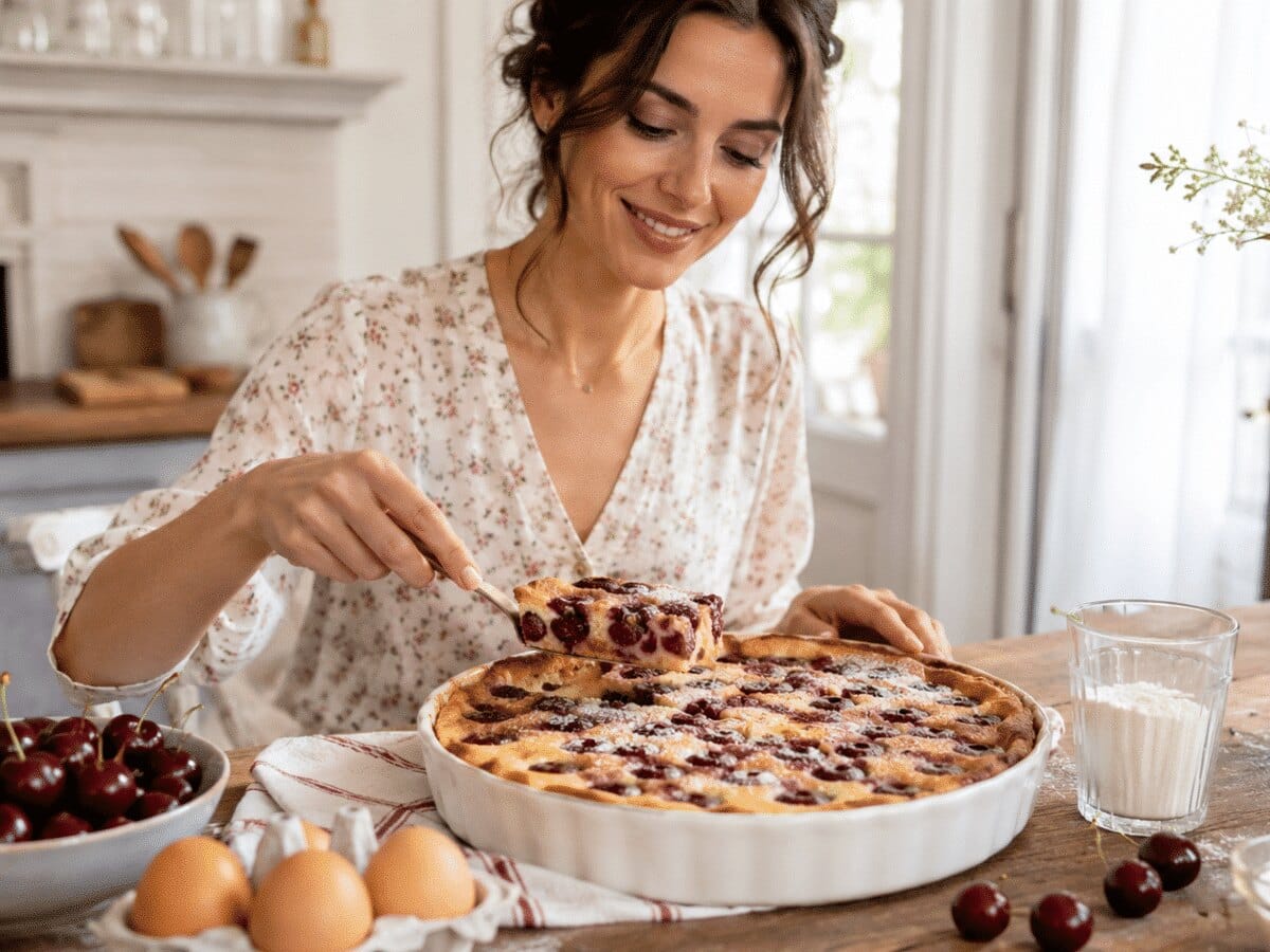 Femme qui prépare un clafoutis aux cerises classique