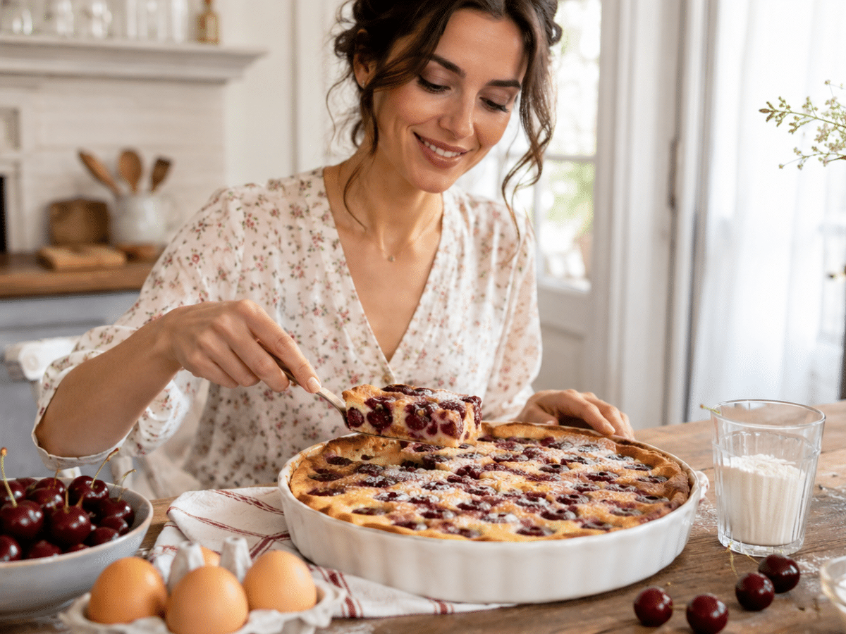 Femme qui prépare un clafoutis aux cerises classique