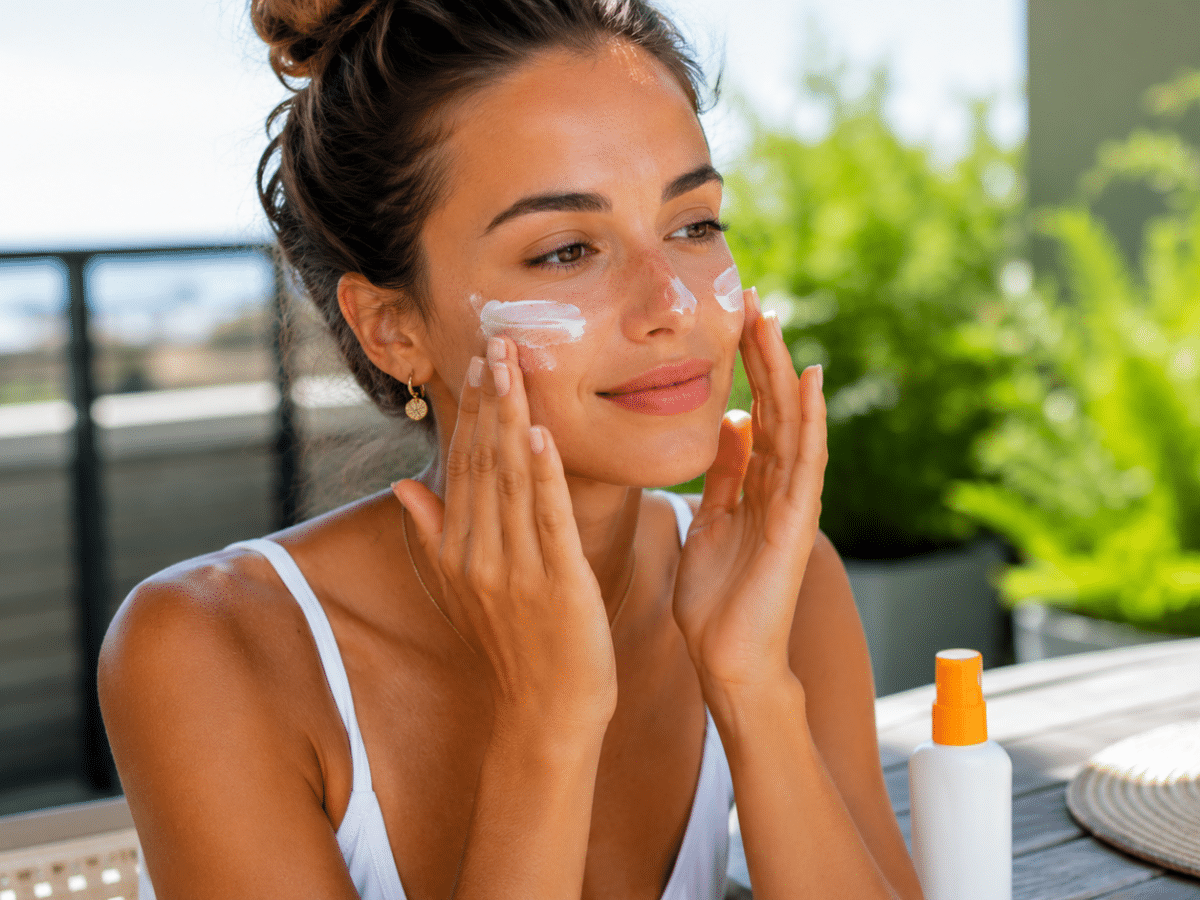 Femme qui applique de la crème solaire