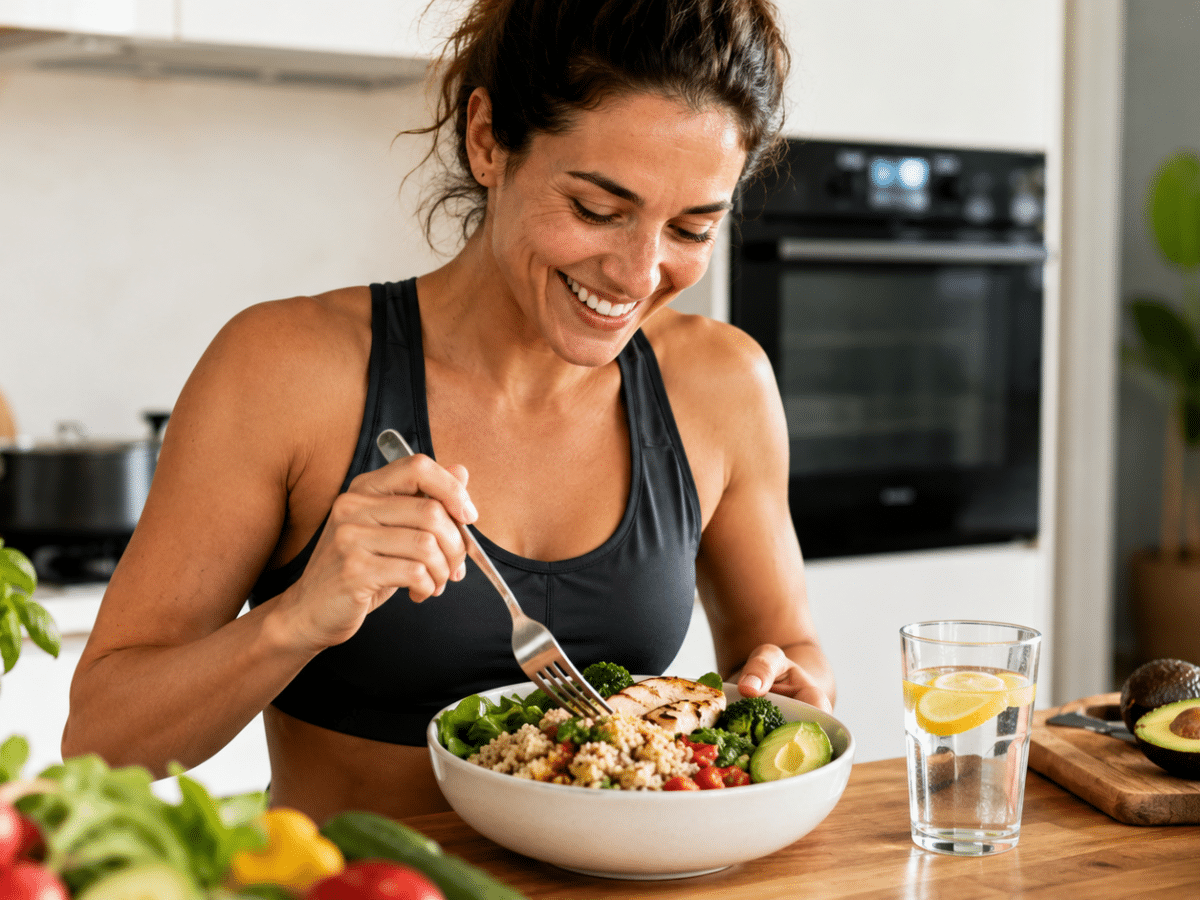 Femme qui mange un plat pour maigrir