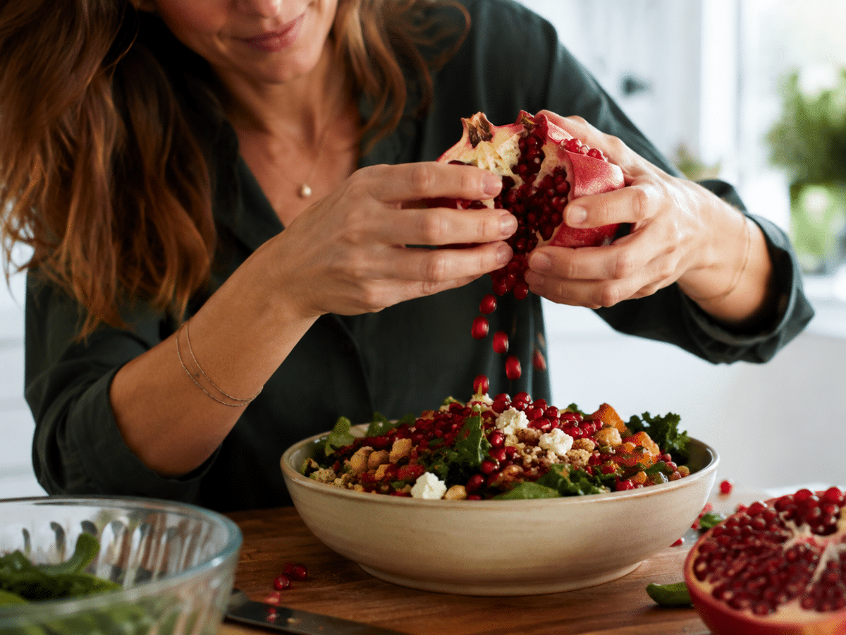 Préparation de salade fraîche avec de la grenade