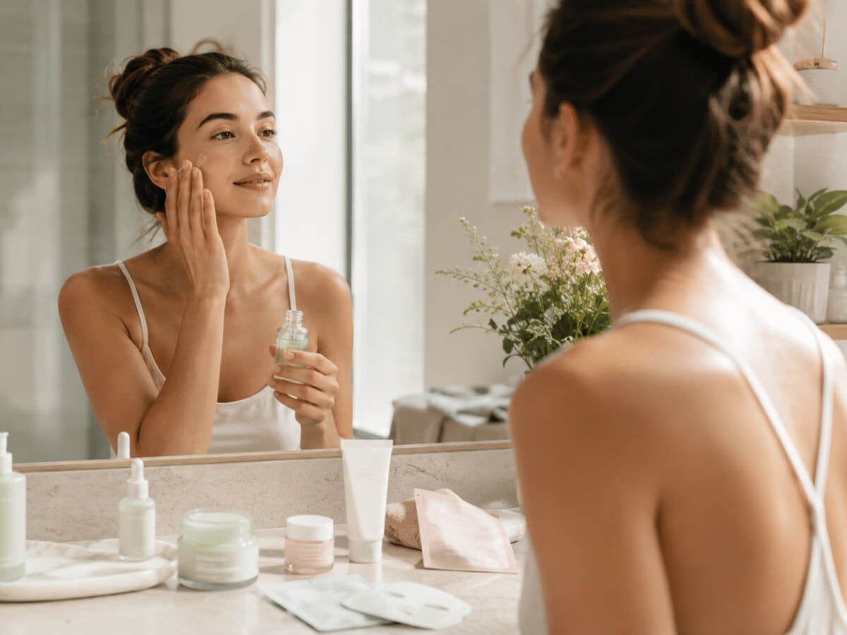 Routine de soin dans une salle de bain lumineuse