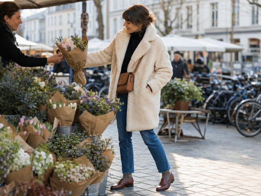 Manteau teddy crème au marché fleuri