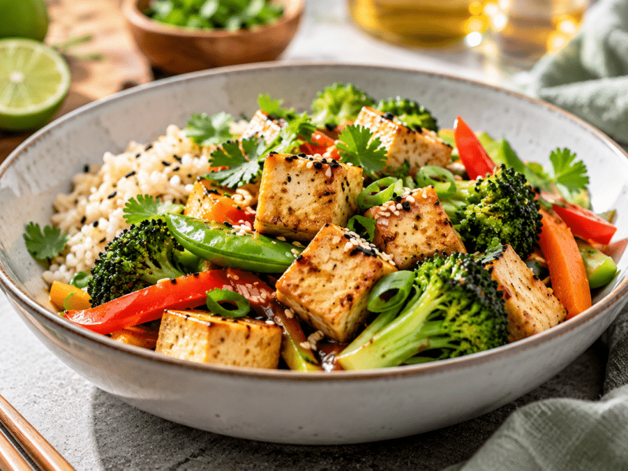 Bol de tofu sauté aux légumes colorés