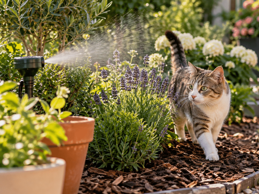 Chat curieux au jardin fleuri